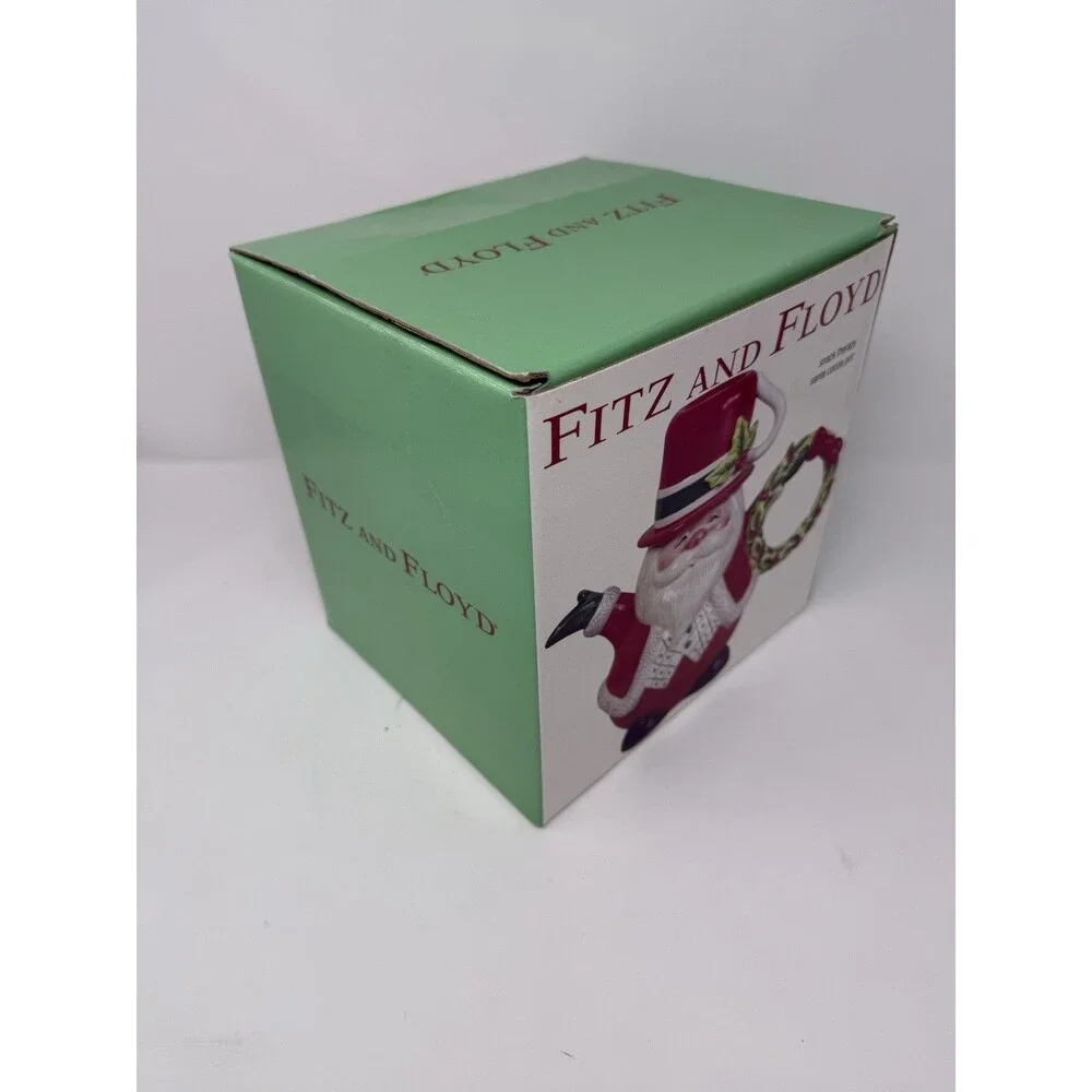 Fitz and Floyd Snack Therapy Santa Cocoa Pot, Ceramic Holly, Boxed